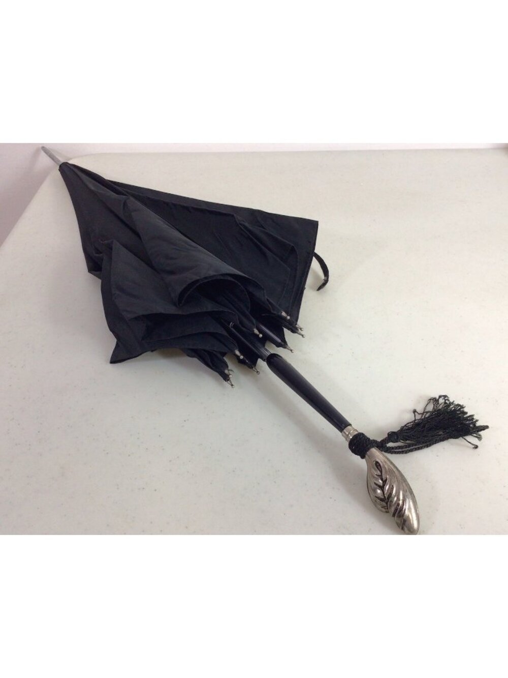 Black Vintage Umbrella Heavy Nickel Silver Plated Handle Gothic Art Deco
